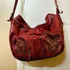 Frye Brooke Studded Drawstring Bucket Bag Purse Red Leather